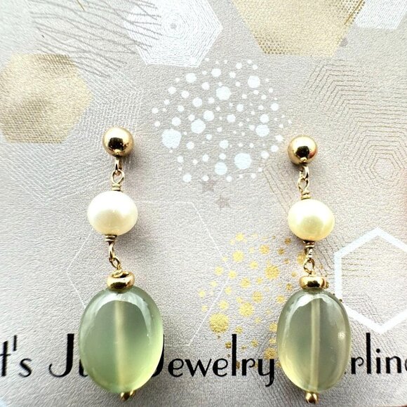 Womens Earrings 14K Yellow Gold Pearl Peridot Chandelier Drop Pierced Gift Idea - Picture 1 of 4